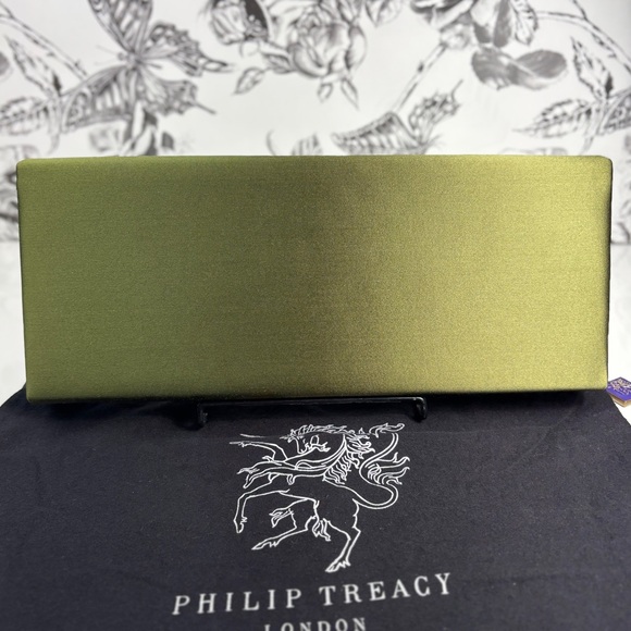 Philip Treacy Green Large Rectangular 13.5”x6” Satin Evening Clutch Purse - Picture 3 of 10